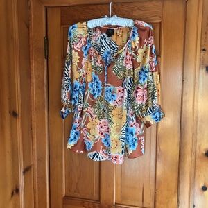 JM Collection Blue and Orange 3/4 Sleeve Blouse, size L.